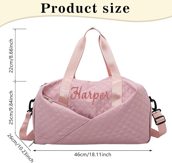 Personalized Travel Duffle Bag for Women with Embroidered Name Custom Sport Gym Weekender Overnight Carry On Tote Luggage Bag with Shoe Compartment Dance Bags for Girls Customized Gifts Pink