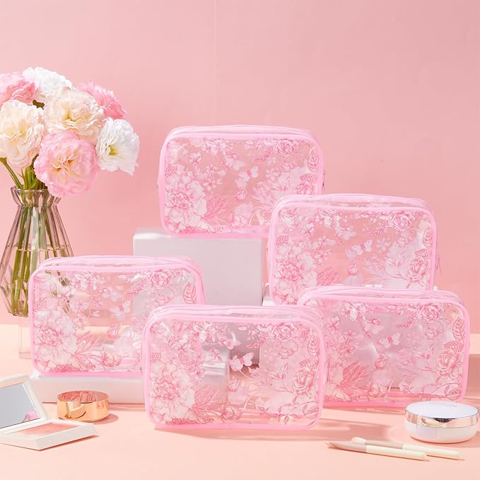 Set of 10 Clear Floral Cosmetic Bags PVC Makeup Bags Waterproof Travel Organizer Toiletry Pouches for Wedding Birthday Baby Shower Party Ideal Gift for Women Nurse Bridesmaid(Pink)
