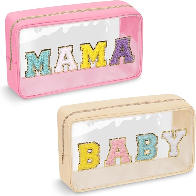 izuzta 2 Pcs Chenille Letter Clear Makeup Bag Mama Baby Pouch, Hospital Duffle Pink Diaper Organizing Pouches with Zipper, Travel Toiletry Nylon Cosmetic for Women(MAMA+BABY)