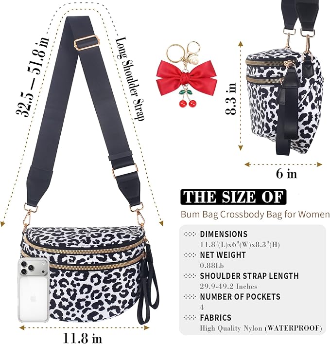 Bum Bag Crossbody Bag for Women | Spacious Bum Bags | Nylon Crossbody Fanny Packs | Leopard Purse Belt Wallet (Colour Bum Bag-Black and White Leopard)
