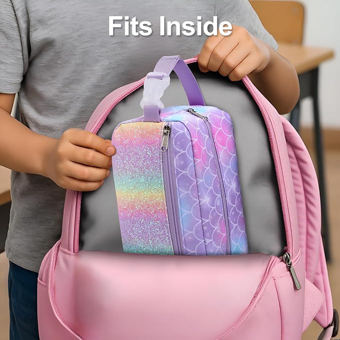 Bagseri Kids Snack Bag Girls - Small Reusable Mini Cooler Pouch, Insulated 3.9L Food Carrier with Buckle Handle for School and Daycare, Fits in Backpack, Glitter Mermaid Scale