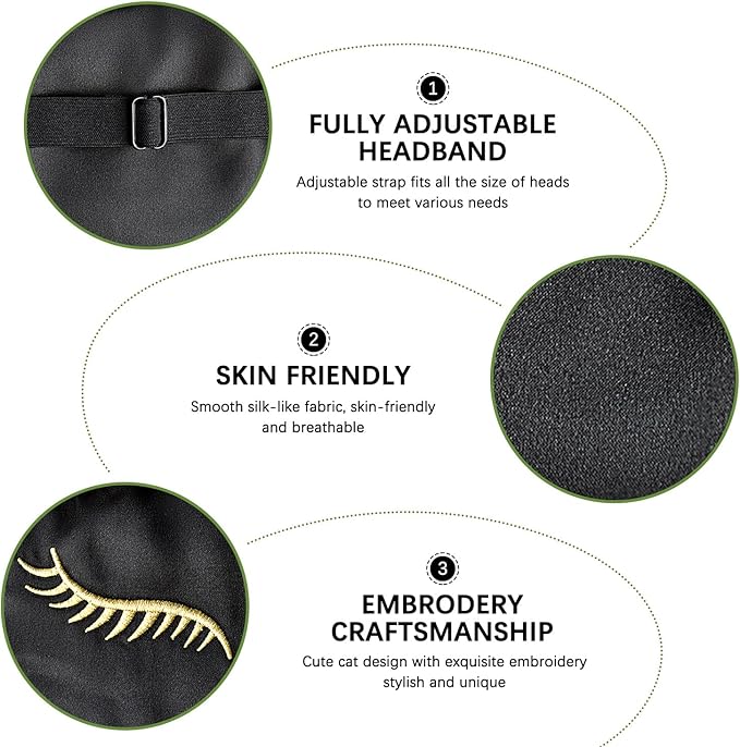 Cute Cat Silk Sleep Mask Adjustable Eye Mask Sleeping Mask Eye Cover Soft Satin Blindfold Eye Shade for Girls Women Men Travel Nap - Black