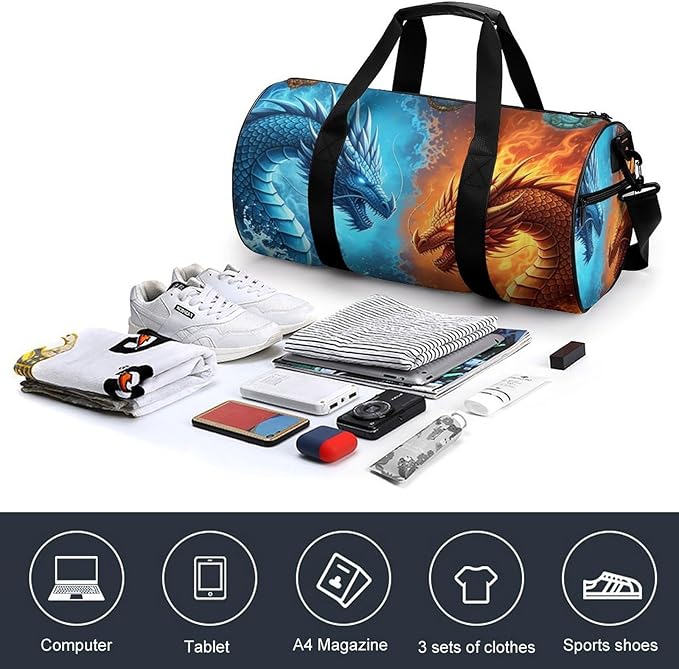 Basketball Football Weekender Bag Dance Sports Gymnastics Bag Lightweight Travel Sports Bags (Water Fire Dragon)