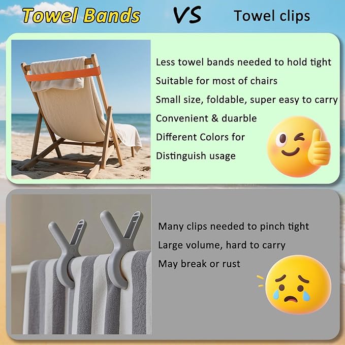Extra Wide Beach Towel Bands, Towel Straps, Beach Chair, Pool Chairs Cruise Ship Essentials, Towel Chair Clips Towel Holder Beach Towel Clips Thicken No Snapping Easy to Stretch (6 Pack - 6 Colors)