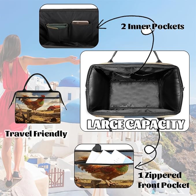 Travel Gym Carrying Bag - Autumn Farm Rooster Overnight Weekender Bag for Women Men Girls - Shoulder Large Capacity Tote Bag for Travel, Yoga, School,Mommy Hospital Bag for Labor and Delivery