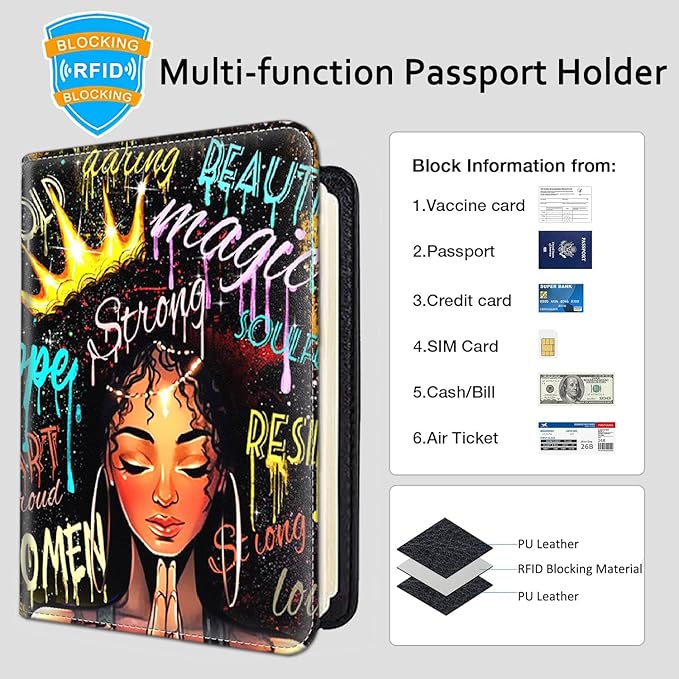 Passport Holder Women Wallet with Luggage Tag, Leather Passport Cover with RFID Blocking, Travel Accessories Multi Card Slot Passport Case for Men，African American Women Afro Girl With Crown