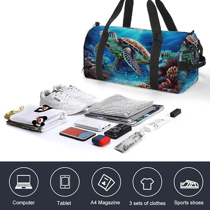 Sea Turtles Diamond Painting Gym Bag Lightweight ，Travel Duffle Bag with Shoe Compartment，Gym Bag for Women for Overnight, Weekend, Yoga, Gym, Business Trips, Sport And Hospital.