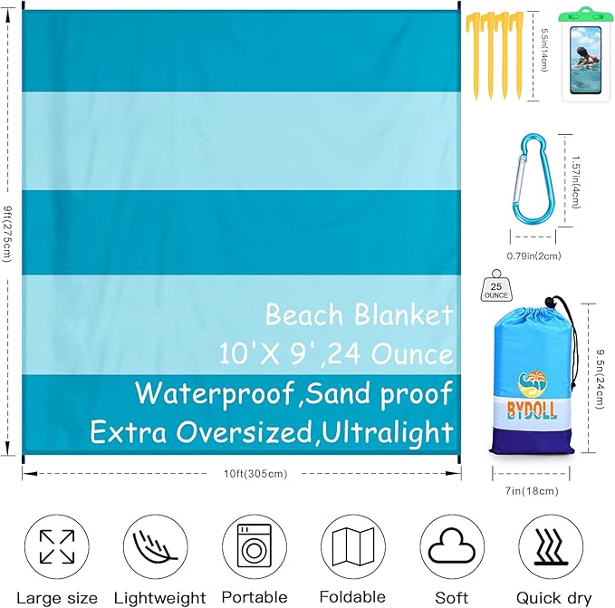 BYDOLL Beach Blanket 10'X9' Waterproof Sandproof Suits1-8 Adults Oversized Lightweight Large Blanket Picnic Mat for Beach Sand Free Travel Camping Hiking Picnic