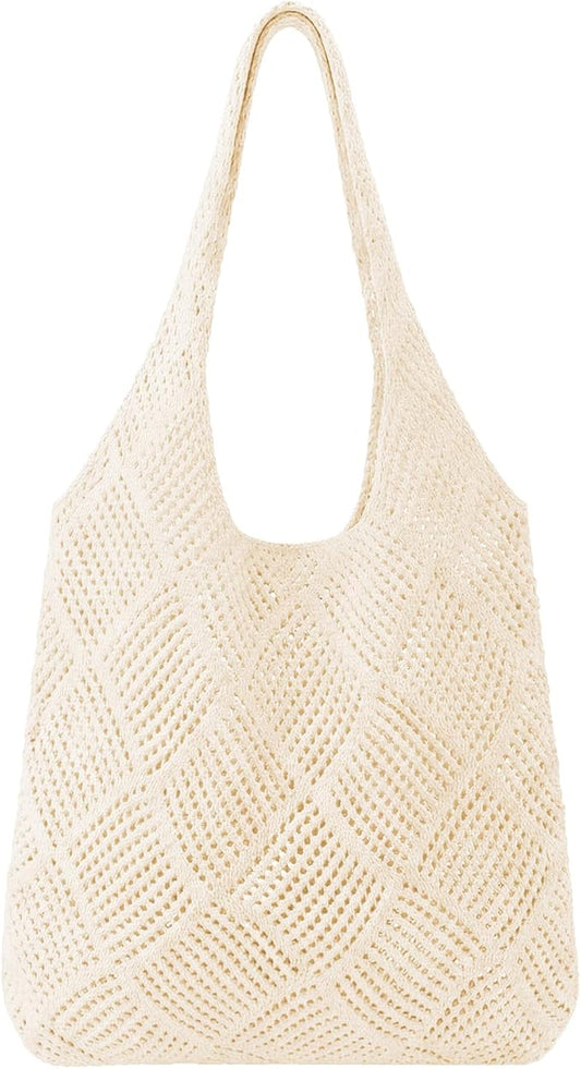 SUOSDEY Crochet Mesh Beach Tote Bag, Knit Summer Vacation Aesthetic Boho Tote Bag for Women