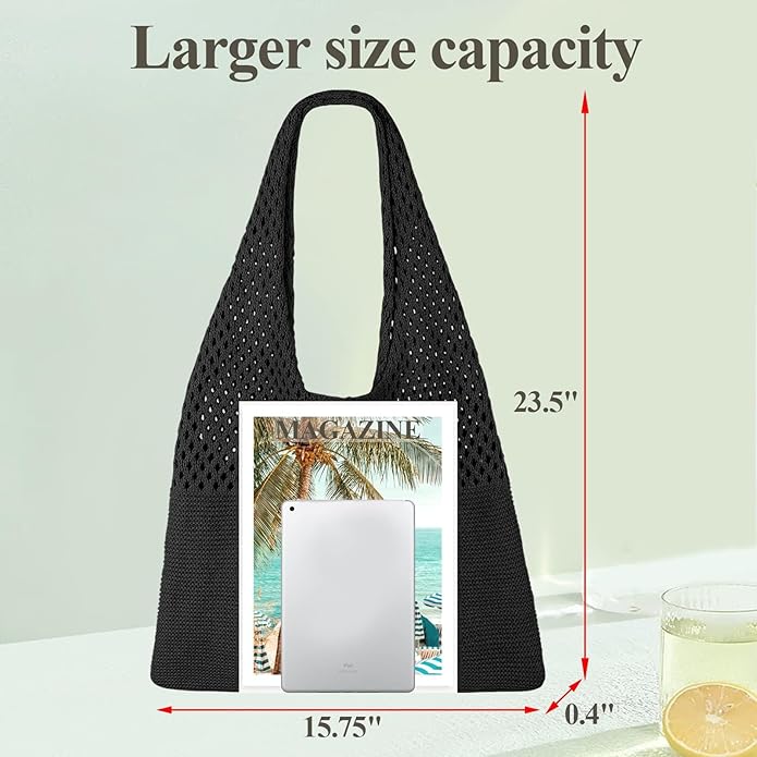 Beach Tote Bag for Women, Crochet Boho Aesthetic Mesh Shoulder Summer Vacation