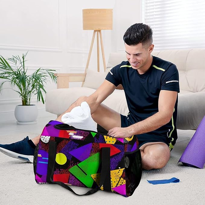 80s Triangles Circles Duffle Bag Gym Bag for Workout Travel Tote with Detachable Straps