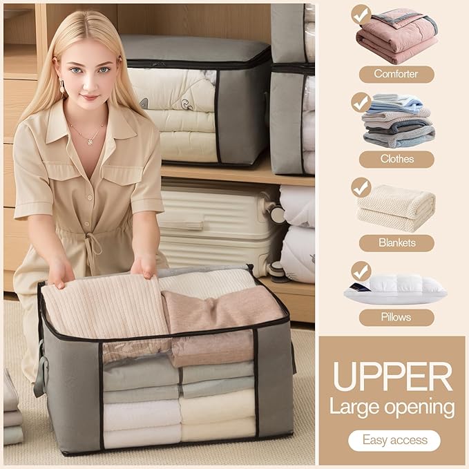 Large Storage Bags,Clothes Storage Bins Foldable Closet Organizers Storage Containers with Durable Handles Thick Fabric for Blanket Comforter Clothing Bedding grey, 90L(4Pick)