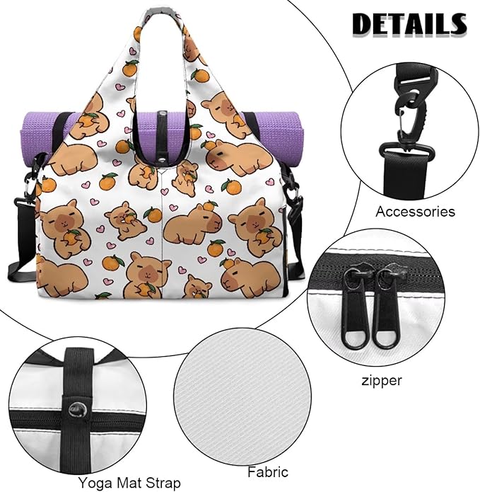 Capybara Workout Bag for Women with Yoga Mat Holder and Shoe Compartment White Gym Bag Waterproof Gym Duffel for Swimming, Stylish Fitness Duffel Bag