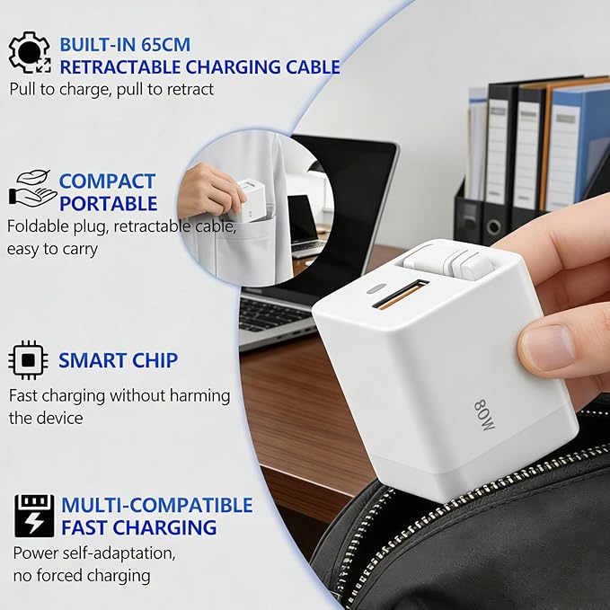 80W USB-C Retractable Fast Charger, PD Wall Charger with Built-in Retractable USB-C Cable, Portable Power Adapter for iPhone 17 Pro Max/16/15, Samsung, iPad, MacBook Air & USB-C Devices (White, 10)