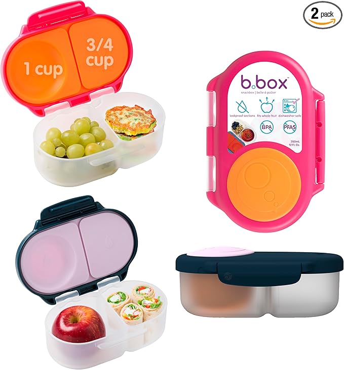 b.box Snack Box 2 Pack - Leak Proof Mini Bento Box for Kids & Toddlers, 2 Compartment Snack Containers for Kids, Dishwasher Safe, BPA Free, PFAS Free, Ages 4m+, 1 3/4 Cup Each (Strawberry + Indigo)