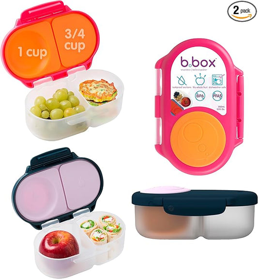 b.box Snack Box 2 Pack - Leak Proof Mini Bento Box for Kids & Toddlers, 2 Compartment Snack Containers for Kids, Dishwasher Safe, BPA Free, PFAS Free, Ages 4m+, 1 3/4 Cup Each (Strawberry + Indigo)