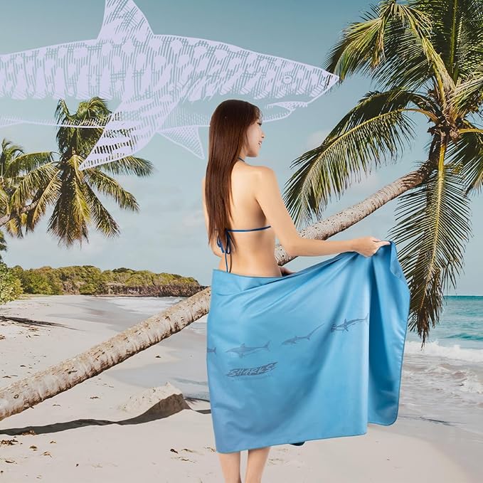 Umade Oversized Microfiber Beach Towel, L 73" x 35.5" - Sand Free Quick Dry Lightweight Travel Towel, Hanging Loop & Elastic Strap, Sharks (Ocean Blue)