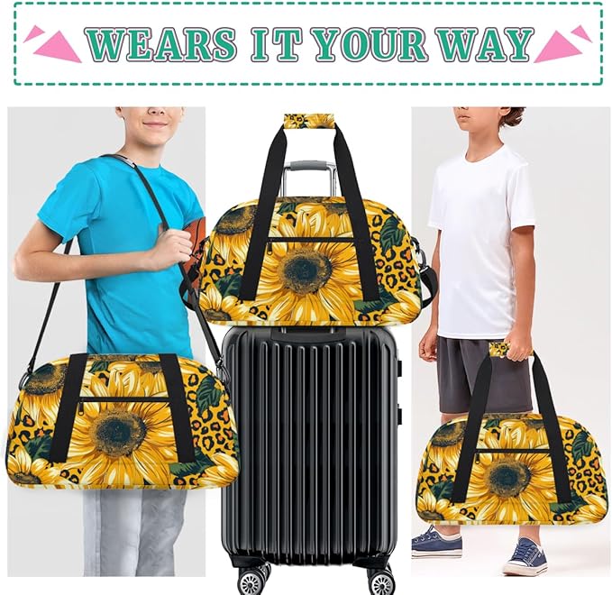 Leopard Yellow Sunflower Gym Travel Duffle Bag for Women & Men with Front Zipper Pocket for Sports, Overnight, Weekender, Carry On,Workout & Dance Bag,Yellow Flower Floral,18.9 * 8.7 * 10.6 in