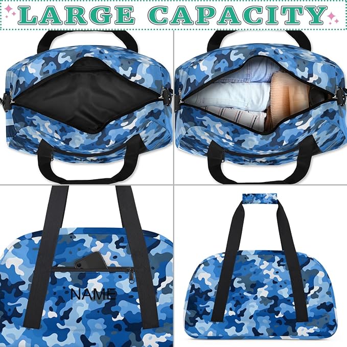 Custom Name Blue White Camouflage Boys Gym Travel Duffle Bag with Front Zipper Pocket Personalized Sports Bag for Overnight, Weekender, Carry On, 18.9 * 8.7 * 10.6 in