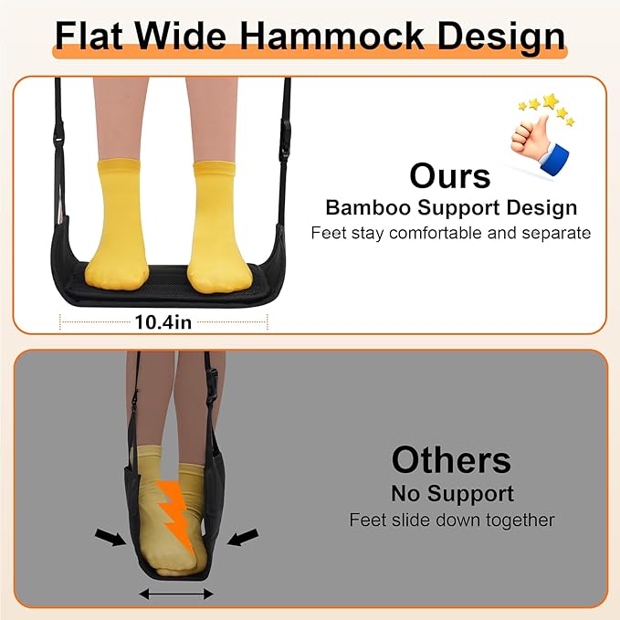 Airplane Foot Hammock, Wide Airplane Foot Rest with Bamboo Board Support, Portable Travel Footrest Essentials, Adjustable Foot Hammock for Long Flight, Foldable & Compact for Easy Storage
