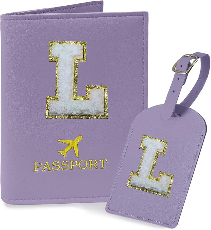 COSHAYSOO Purple Passport Cover and Luggage Tag Set TSA Approved with Her Initial Chenille Letter Patch, Fashionable Travel Bag Backpack Suitcase Identifier Gifts for Granddaughter Grandma Mother (L)
