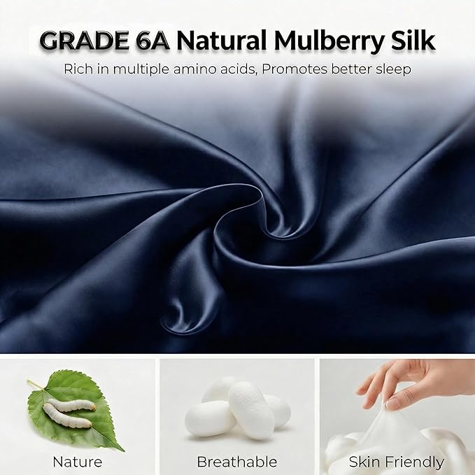 100% Mulberry Silk Sleep Mask for Women & Men – 22 Momme 6A Grade, 3D Contoured Total Blackout Eye Mask for Side Sleepers, Eyelash Extensions, Adjustable Strap, Breathable Blindfold (Navy Blue)