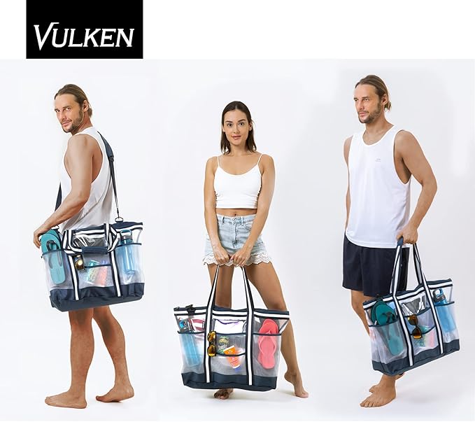 Vulken 42L Extra Large Mesh Beach Bag. 9 Pockets Top Zip Tote Bag Shoulder Bag
