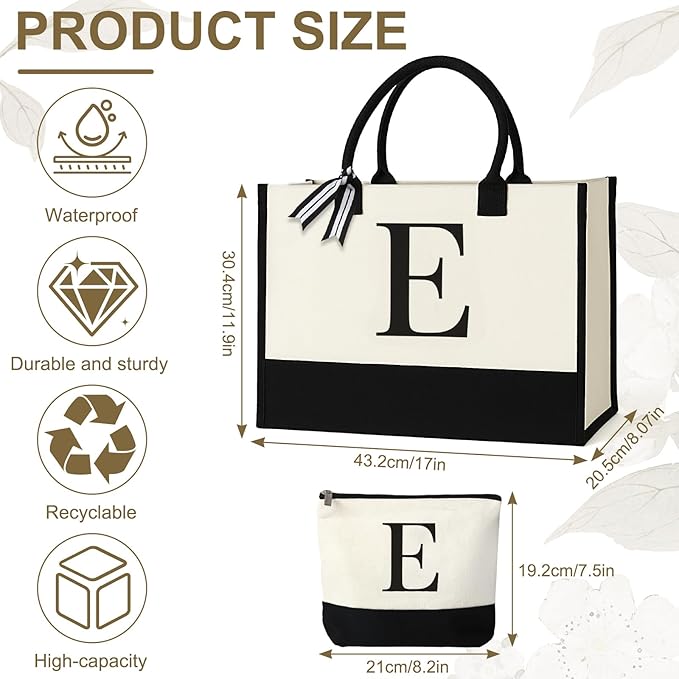 Personalized Canvas Tote Bag for Women Makeup Pouch Initial Beach Bag Removable Bottom Board for Travel Birthday