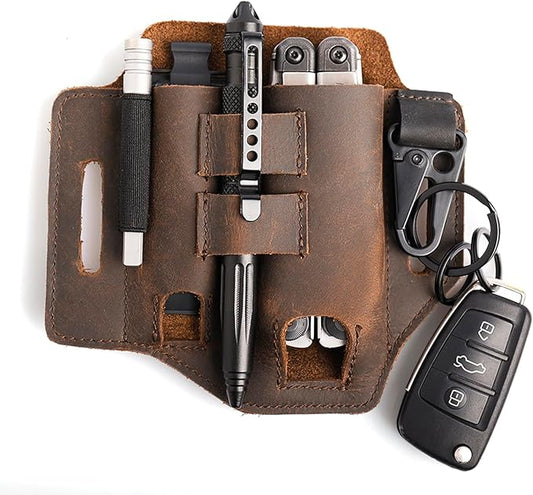 Gentlestache Multitool Belt Sheath, EDC Leather Belt Organizer, Belt Holder with Multitool Pouch, Flashlight Holder, Pen Holder and Keychain Clip, Practical EDC Belt Pouch for Men