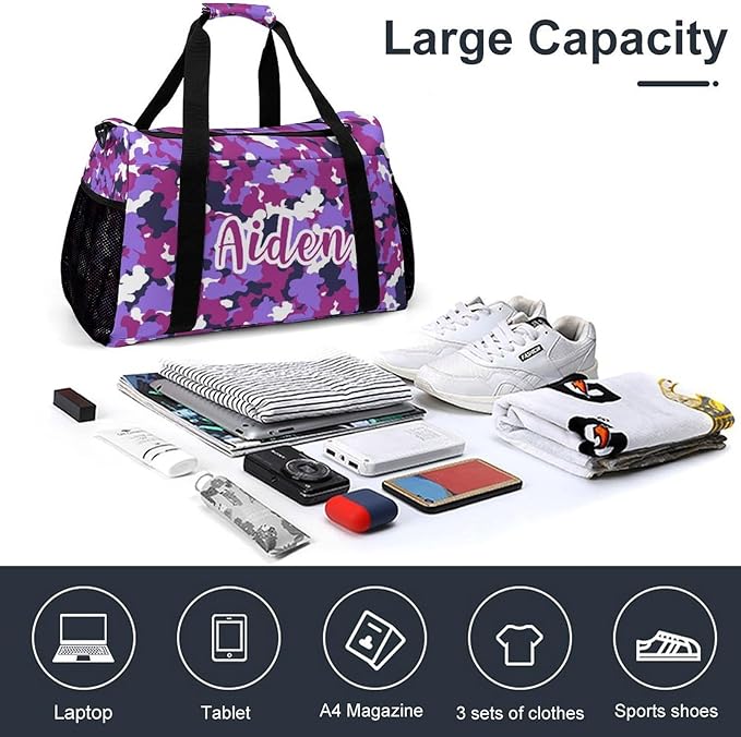 Handheld Crossbody Multifunctional Travel Bags, Personalized Duffle Bags, Camouflage Purple Fuchsia Camo Pattern Luggage Bag, Custom Weekender Overnight Bags