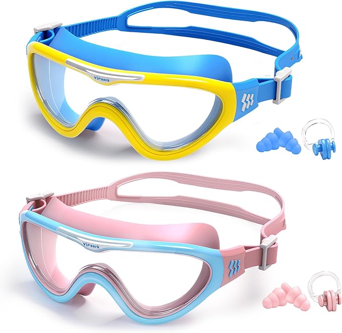 Kids Swim Goggles for Kids 6-14, Anti-Fog & UV400 Lens, Comfortable Silicone Design, Includes Nose Clip & Earplugs