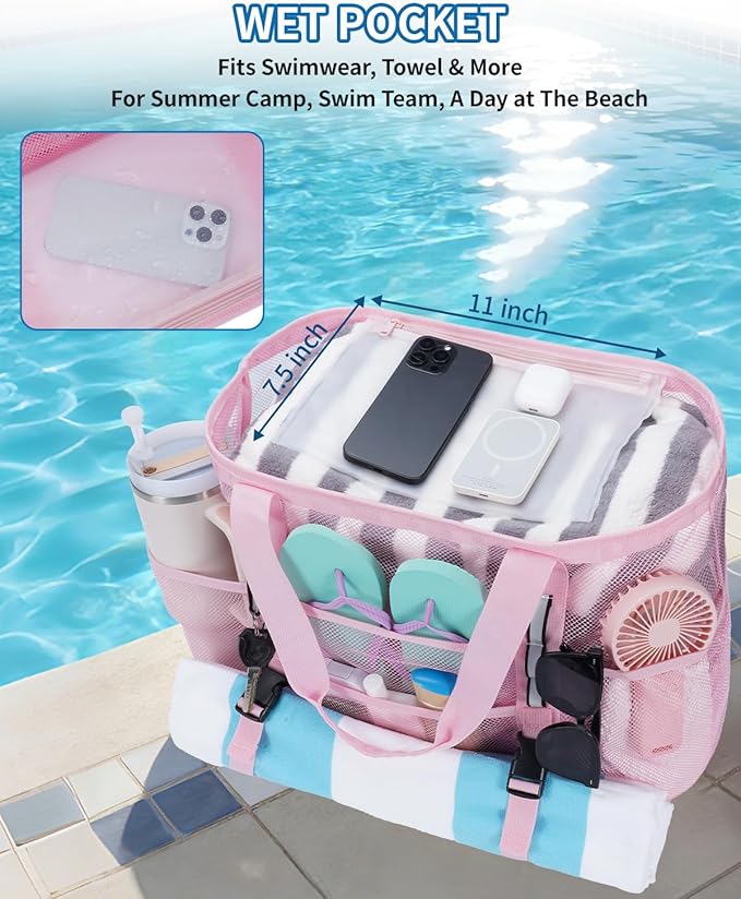 WANDF Mesh Beach Bag for Women, Large Beach Tote Bags with 40oz Tumbler Side Pockets, Family Pool Bag for Swim Toys Towels Cruise Vacation Essentials (Pink) | Breathable