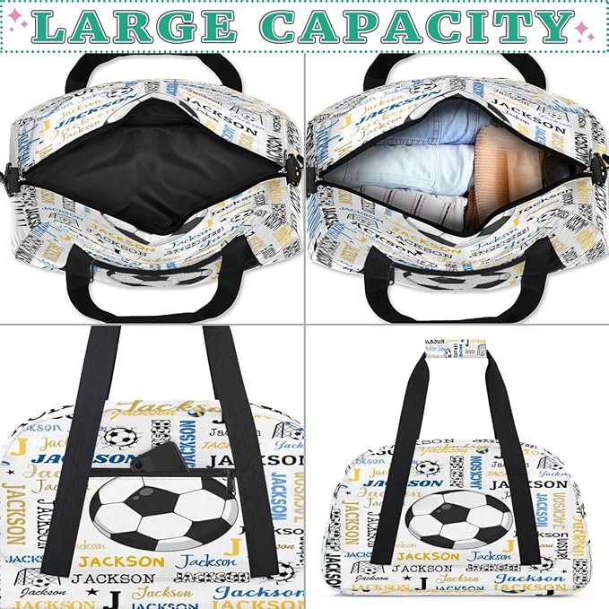 Custom Name Soccer Duffel Bag for Boys, Personalized Sports Gym Bag Overnight Travel Weekender Bag Lightweight Carry On Sleepovers Bag for School Practice Gymnastics