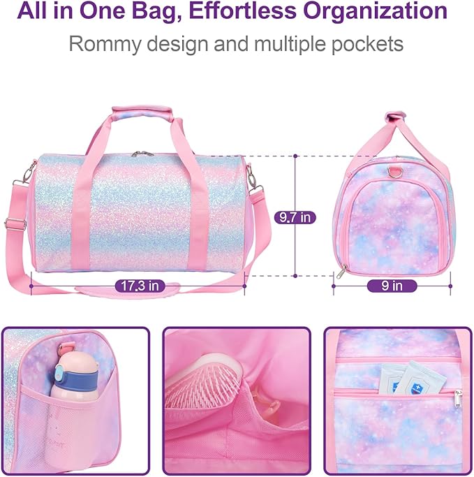 Bagseri Dance Bag for Girls - Kids Duffle with Shoe Compartment, Gymnastics Tote for Sleepover Travel with Water Resistant Wet Pocket (Tie-dye,Pink)