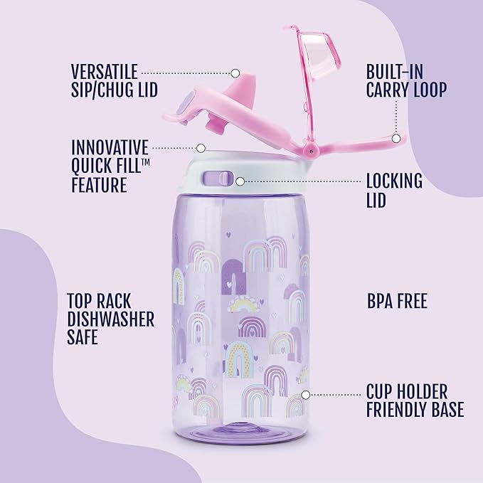 Ello Kids Pop & Fill 16oz Tritan Plastic Water Bottle with Quick Fill Technology, Leak Proof Locking Lid, Sip & Chug, BPA Free, Dishwasher Safe, For School, Lunchboxes, Rainbows