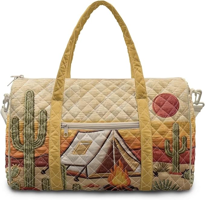 COEQINE Brown Desert Cactus Print Quilted Bag Light Weight Travel Duffel bag with Large Loading Capacity, Duffel bag with Shoulder Strap for Travel Camping Sports