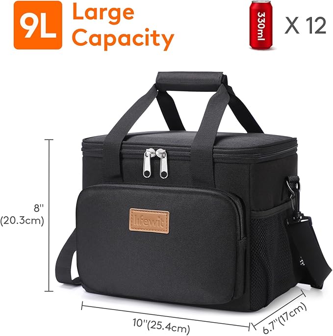 Lifewit Medium Lunch Bag Insulated Lunch Box Soft Cooler Cooling Tote for Adult Men Women, Black 12-Can (9L)