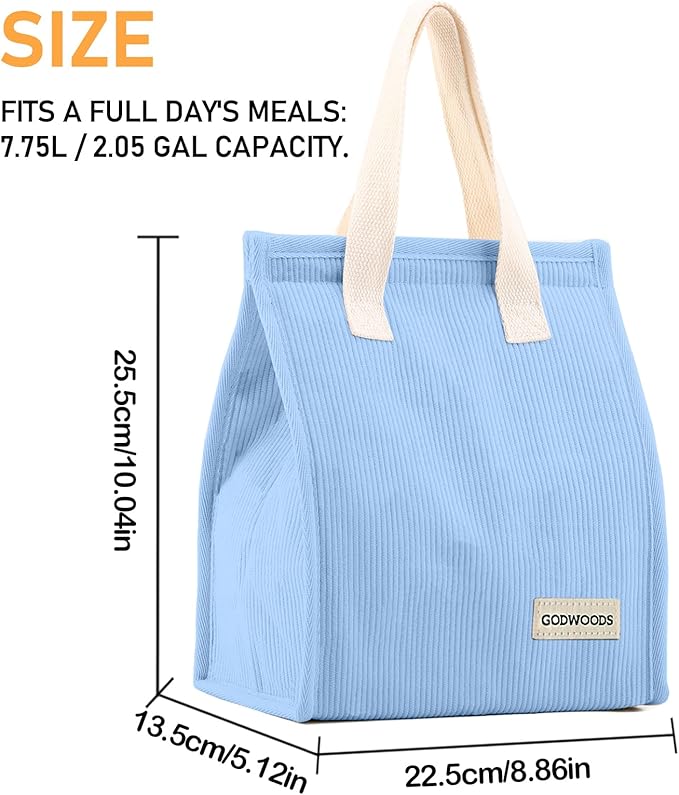 TELLUMO Corduroy Lunch Bag for Women Men Cute Lunch Bag Insulated Lunch Box with Large Capacity (7.5L) Reusable Lunchbag for Work, Picnic, Beach or Travel (S- Corduroy Blue)