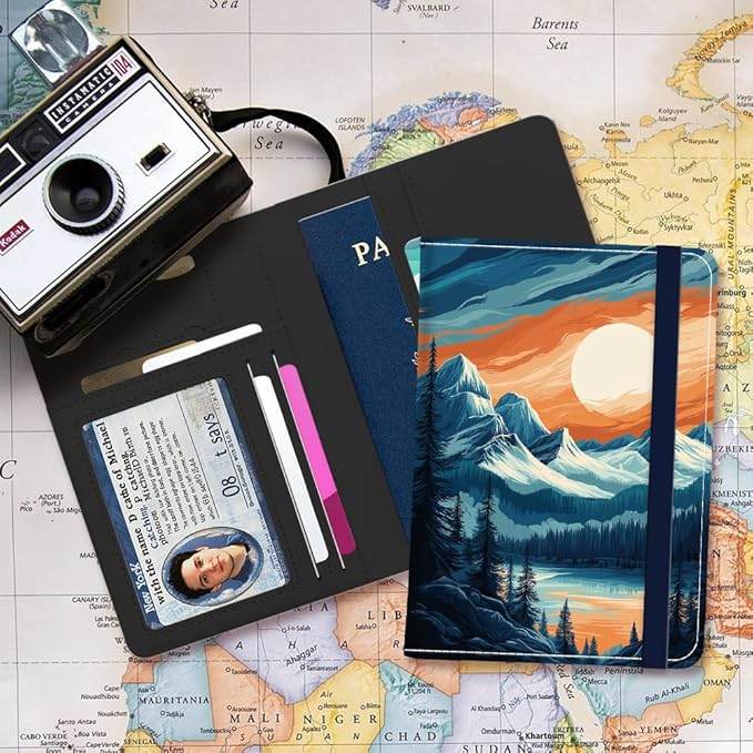 PU Leather Passport Holder Cover 5.9×4.3 Inch with Credit Card Slot and Boarding Pass Slot Combo Blocking Passport Holder Wallet Cover Case for Travel Boarding Essentials (Mountain)