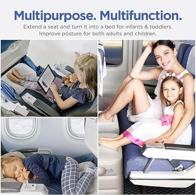 Inflatable Car Seat Foot Rest for Airplane or Toddler Bed for Air Plane (with Integrated Pump) (Grey)