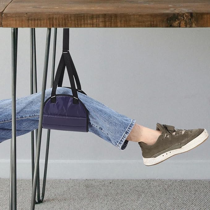 Adjustable Airplane Foot Hammock Dark Blue Mesh Under Desk Footrest Portable Travel Leg Rest for Long Flights Office Use