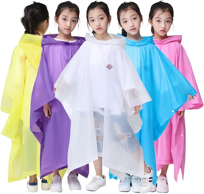 Rain Poncho for Kids (2 Pack), Reusable EVA Children Raincoat Ponchos Rain Jacket with Hood for 6-14 Girls Boys