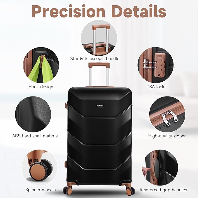 Hoteel Luggage Sets 3 Piece with Spinner Wheels TSA Lock (4-YEAR WARRANTY), Durable Carry On Suitcase Luggages, Wet-Dry Separation Compartment, ABS Hardshell for Travel, School, Black(20/24/28in)
