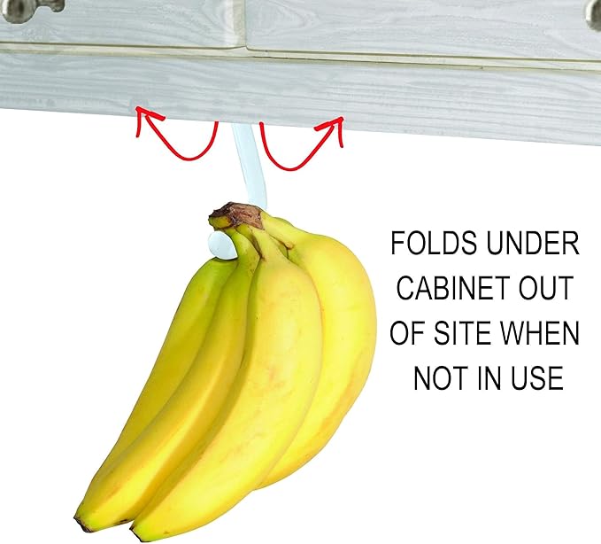 Gadjit Banana Hook Hanger Under Cabinet Hook Ripens Bananas with Less Bruises,Hang Other Lightweight Kitchen Items,Folds Up Out of Sight When Not in Use, Self-Adhesive+Pre-drilled Screw Holes (White)