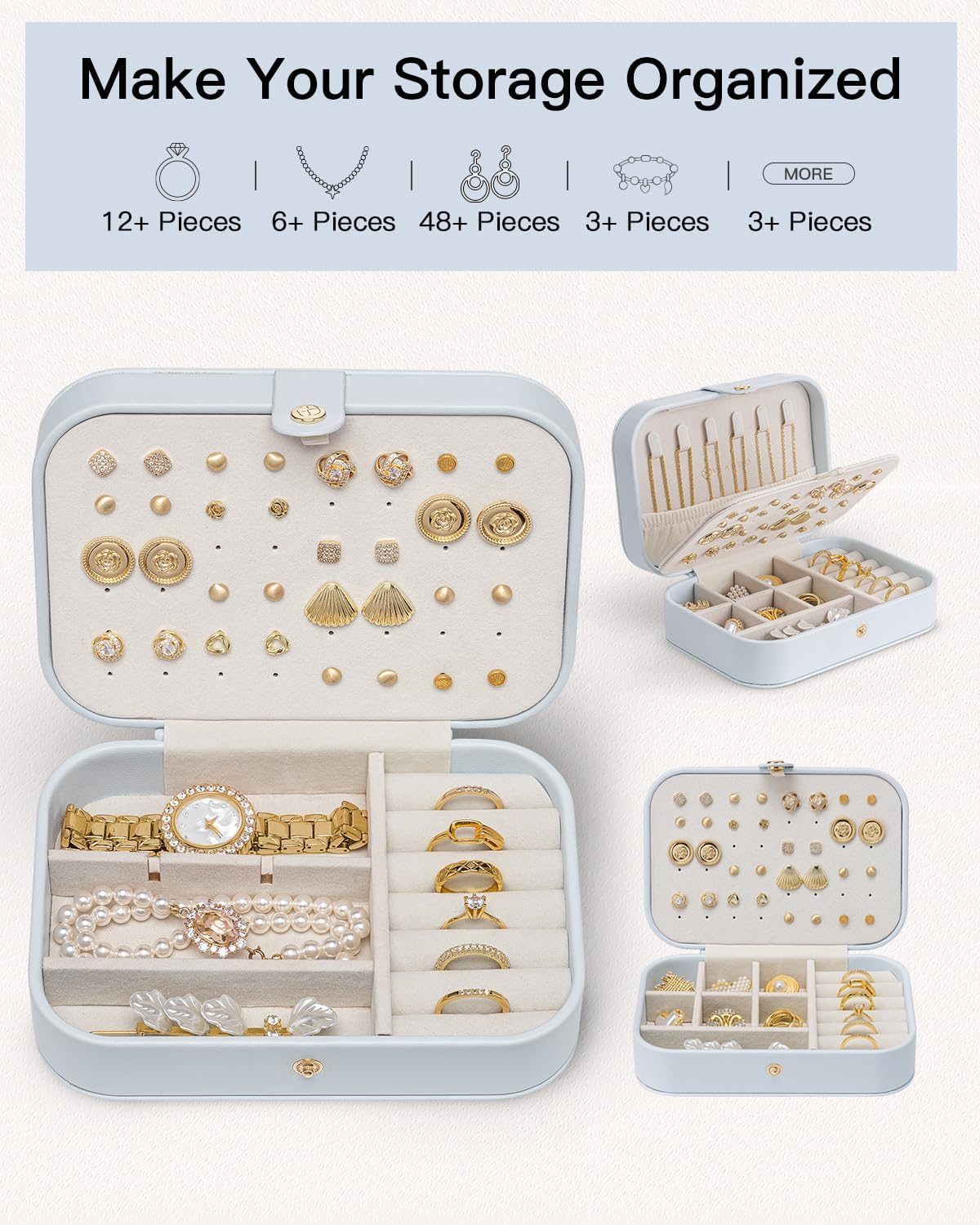 Vlando Travel Jewelry Case, PU Leather Travel Jewelry Box with Earring Holder, Portable Display Mini Jewelry Case for Mothers Day Women Girls Gift - Blue