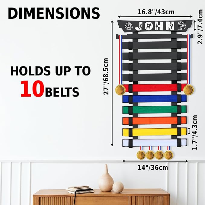 10/12 Belts Karate Belt Display Rack, Pure Bamboo Wood, Themed Stickers, Medal Hangers - Taekwondo Belt Display, Jiu Jitsu, BJJ, Martial Arts