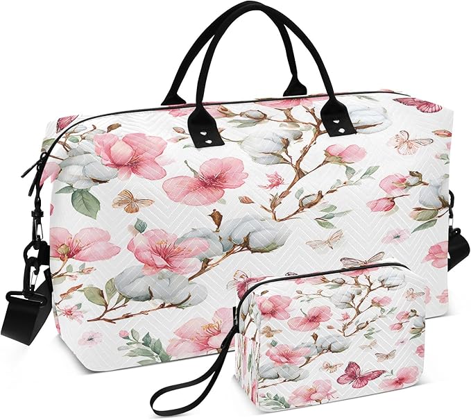 Cotton Peach Blossom Butterfly Pattern Travel Duffle Bag Gym Yoga Carry on Bags for Men Women Weekender Bag