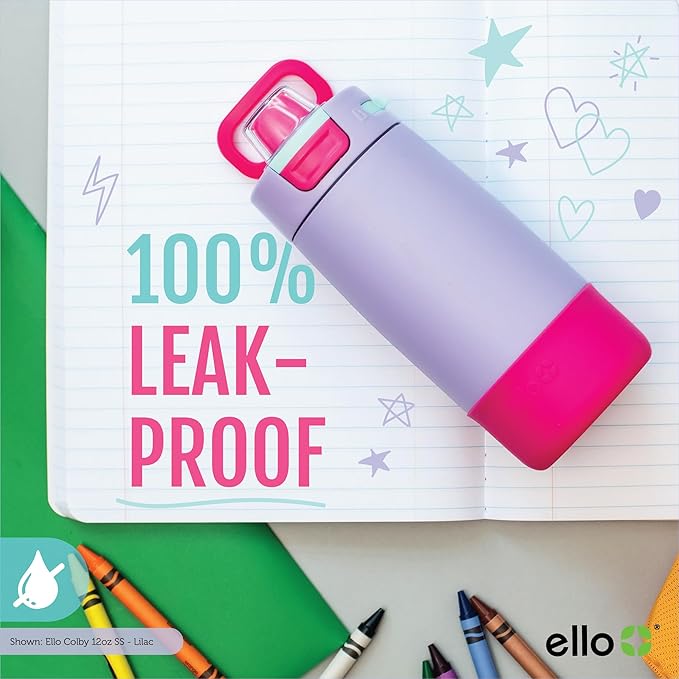 Ello Kids Colby 12oz Stainless Steel Insulated Water Bottle with Straw and Built-In Silicone Coaster Carrying Handle and Leak-Proof Locking Lid for School Backpack, Lunchbox, and Outdoor Sports