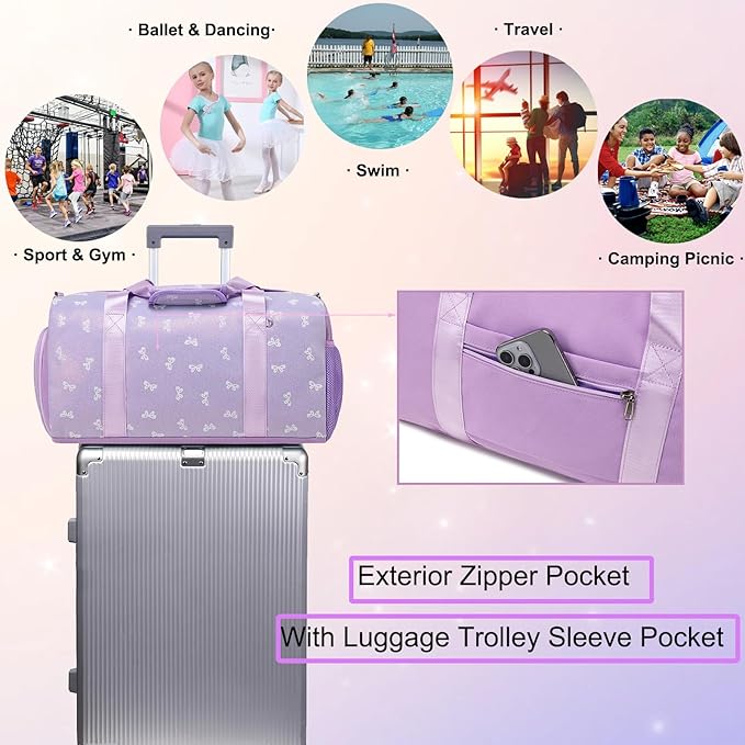 Dance Dag for Girl Travel Bag Glitter Bow Sports Duffle Dag Gym Bag Ballet Bag with Shoes Compartment & Wet Separation Waterproof
