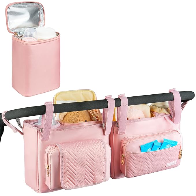 Double Stroller Caddy Compatible with Bob Duallie,Baby Jogger City Mini Gt2 and Zoe Twin V2,Double Stroller Parent Console with Cooler Bag and Cup Holder,Pink